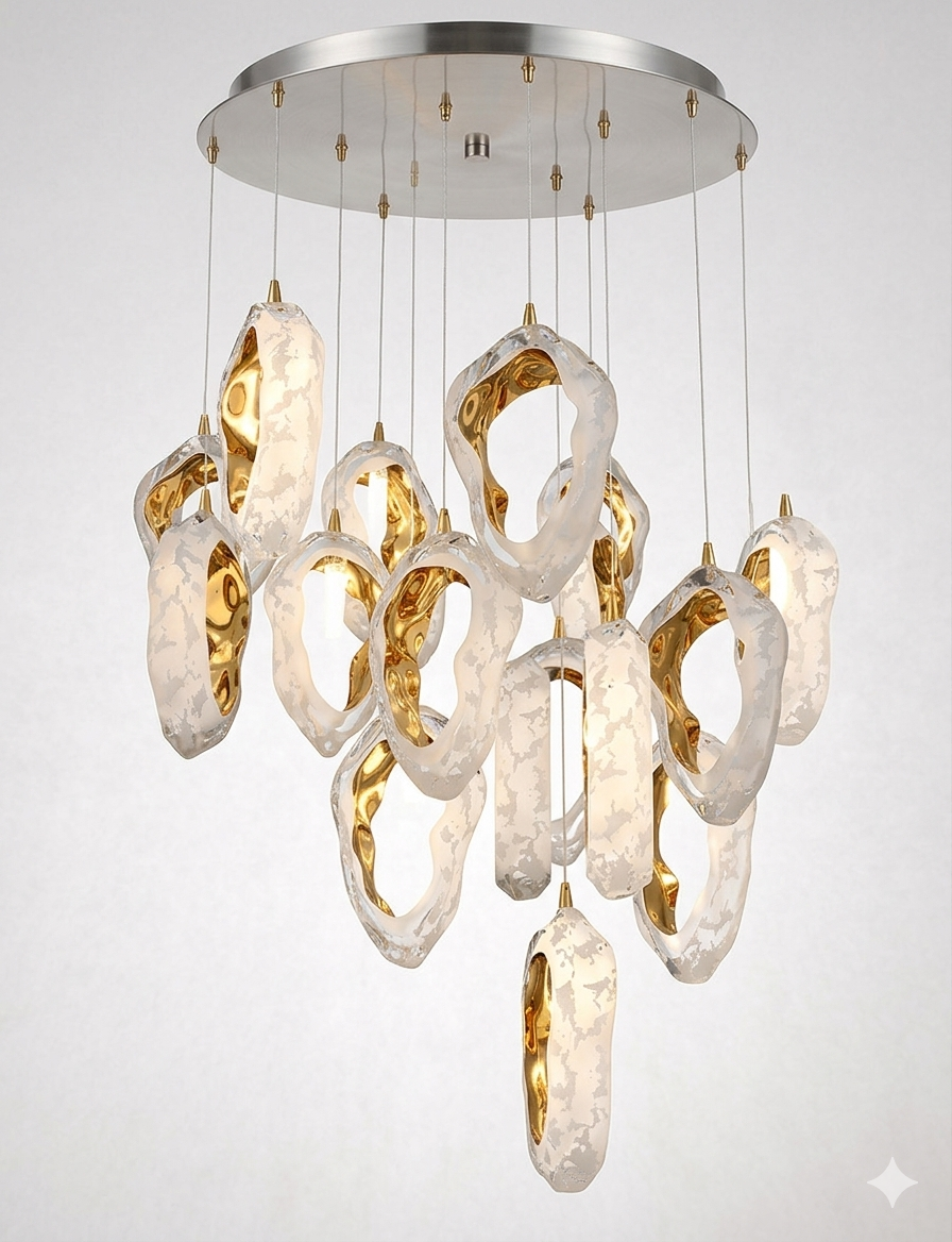 Gilded Shell Hand-Blown Glass Chandelier - A Light Sculpture for Luxury Spaces